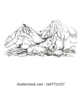 Panorama de las montañas dibujando vector. Estilo de grabado de montaña