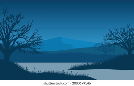 El panorama de las montañas con siluetas de árboles secos es estético por la noche desde la orilla del río. Ilustración vectorial de una ciudad
