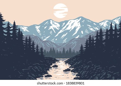 Panorama of Mountains, Evergreen Trees, Landscape Background, hand drawn line style with digital color, vector illustration