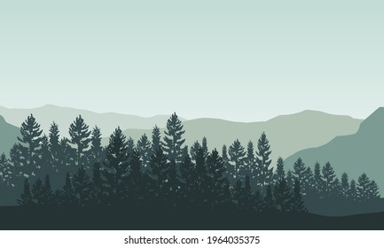 Panorama of the mountains with extraordinary forest from the edge of the city in the morning. Vector illustration of a city