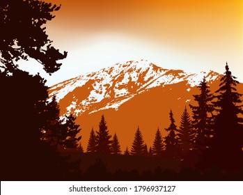 Panorama of mountains. Orange tones.