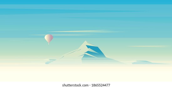 Panorama, mountains peeping out of the fog and a hot air balloon in the sky. Vector illustration, minimalistic style.