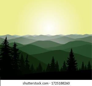 Panorama of mountains. Pine trees.