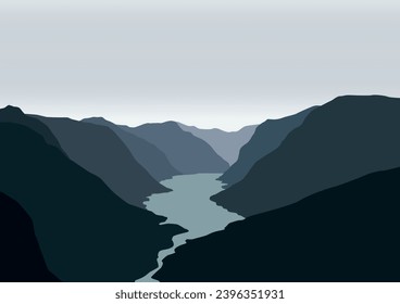 Panorama de montañas y ríos. Ilustración vectorial en estilo plano.