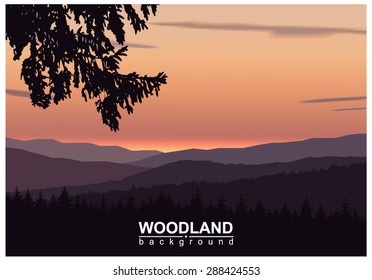 Panorama of mountains. Silhouette of mountains and coniferous trees on the background of colorful sky. Sunset. Eps10.