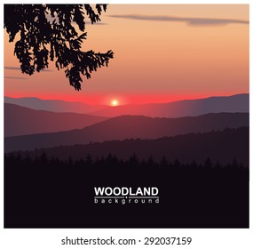 Panorama of mountains. Silhouette of mountains and coniferous trees on the background of colorful sky. Sunset. Eps10.