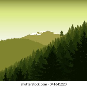   Panorama of mountains. Silhouette of green mountains with snow and coniferous trees on the background of abstract green sky. Can be used as eco banner.