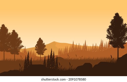 Panorama of the mountains with the silhouette of pine trees that are truly extraordinary from the edge of the city at dusk. Vector illustration of a city