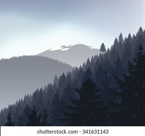 Panorama of mountains. Silhouette of mountains with snow and coniferous trees on the background of gray sky. Eps 10.