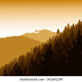   Panorama of mountains. Silhouette of mountains with snow and coniferous trees. Golden autumn. Can be used as eco banner.