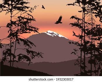 Panorama of mountains. Silhouette of mountains with snow and deciduous trees. Brown tones. 