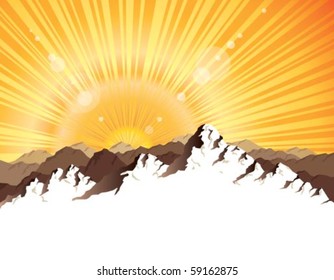 Panorama of mountains with sunburst