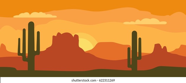 Panorama mountains and sunset sky with clouds and cactus. Vector flat color illustration. For horizontal banner