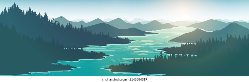 Panorama of the mountains. View of the lake.