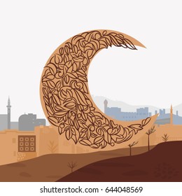 Panorama of a Muslim country with the symbol of the Ramadan moon. The Muslim holiday Ramadan vector greeting card with moon