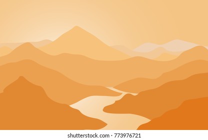 Panorama natural view of mountain range with river in the middle in orange color when sun is setting 