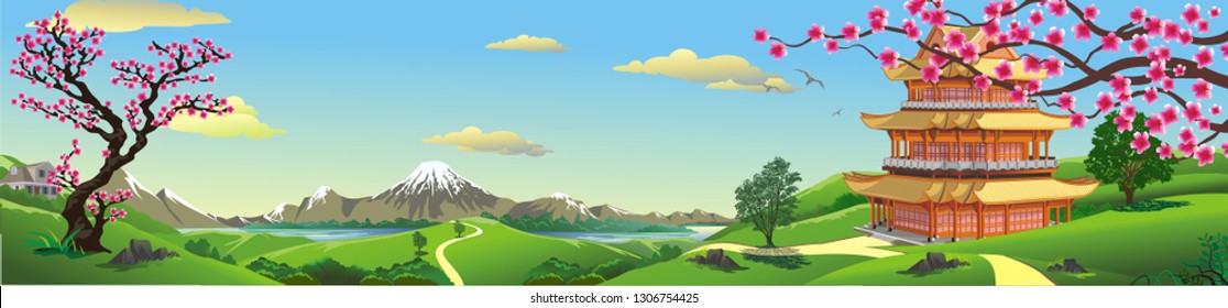 Panorama of nature, Asia Palace, volcano, mountains, rivers, and hills with trees. The Sakura flowers. Vector illustration