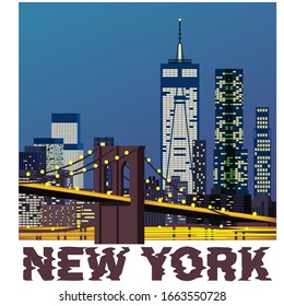 Panorama of new York city at night. Skyscrapers against the sky, city lights and a bridge. Vector illustration in flat style.