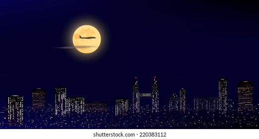 Panorama Of  Night City With Moon And Aircraft, Vector Illustration