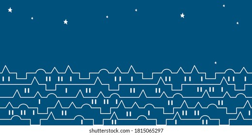Panorama of the night city. One continuous line. Modern buildings with glowing Windows.