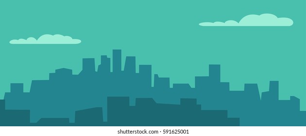 Panorama night city and sky with cloud. Vector flat horizontal color illustration. For banner