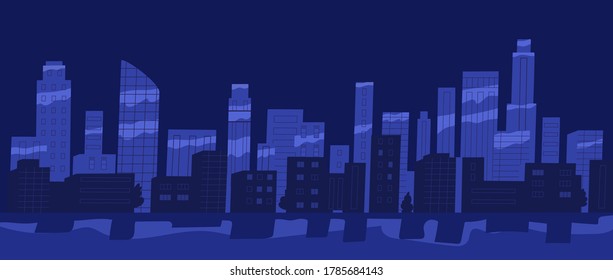 Panorama of night city vector flat illustration. View of cityscape with skyscrapers, buildings and pond. Urban landscape of modern megapolis in dark. Silhouette of exterior construction