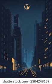 Panorama of the night city. Vector flat illustration of a night city. Night in the city.