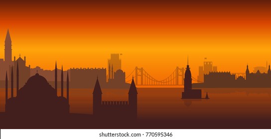 Panorama of night Istanbul flat style vector illustration. Istanbul architecture. Cartoon Turkey symbols and objects