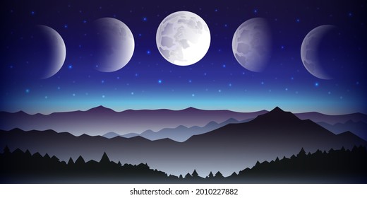 panorama of the night sky with stars, landscape with mountains and moon phases, full moon and month