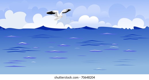 Panorama of the ocean with a soaring gull