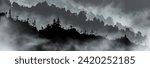 Panorama of the old abandoned graveyard on the hill in front of the mountains covered with forest. Long side scareful landscape for banner or another use
