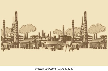 Panorama Of Old Factory - Vintage Vector. 