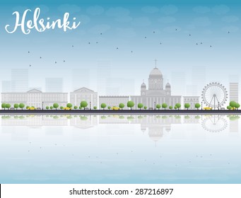 Panorama of Old Town in Helsinki with reflections, Finland. Vector Illustration. Business travel and tourism concept with place for text. Image for presentation, banner, placard and web site.