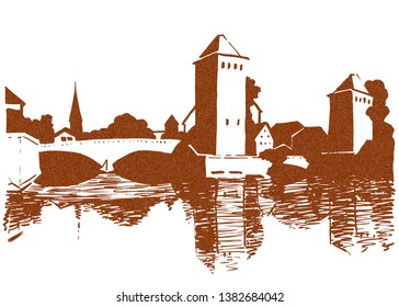 Panorama of an old town landscape over the river with rooftops, watchtowers and bridge.Hand drawn vector  illustration in sepia, sanguine style with grainy texture.