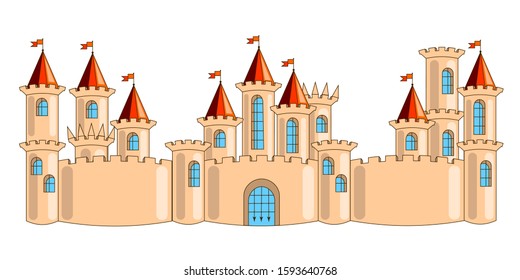 Panorama of the old town. Medieval castle, towers, fences, walls, gates, isolated on white background  vector illustration