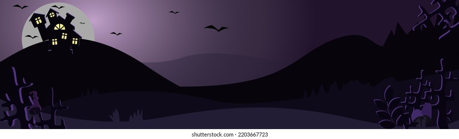 Panorama of an ominous Halloween landscape with fly agarics, grebes, branches and a castle on a mountain. Vector illustration in cartoon style.