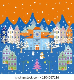 Panorama on blue, orange and neutral colors. A fairytale village with bright houses and trees, hills, mountans, snowman. Vector illustration. For design background.