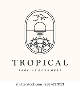 panorama palm tree line art logo vector minimalist illustration design, tropical beach panorama tree logo design