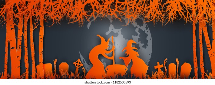 Panorama paper art of happy Halloween,vector art and illustration.