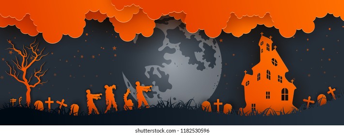 Panorama paper art of happy Halloween,vector art and illustration.