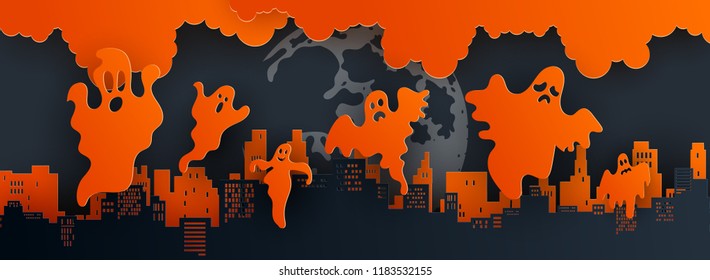 Panorama paper art of happy Halloween,vector art and illustration.