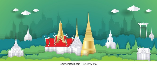 Panorama paper art style vector of Wat Phrakeaw, Famous Landmarks Bangkok Thailand for Travel Design concept illustration