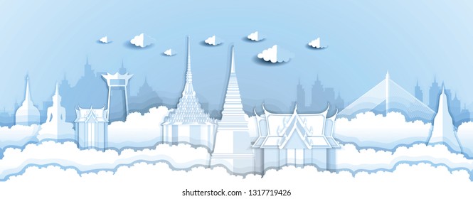 Panorama paper art style vector of Wat Phrakeaw, Famous Landmarks Bangkok Thailand for Travel Design concept illustration