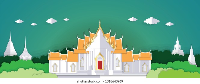 Panorama paper art style vector of Wat Benchamaborphit, Famous Landmarks Bangkok Thailand for Travel Design concept illustration