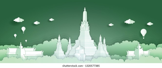Panorama paper art style vector of Wat Arun, Famous Landmarks Bangkok Thailand for Travel Design concept illustration
