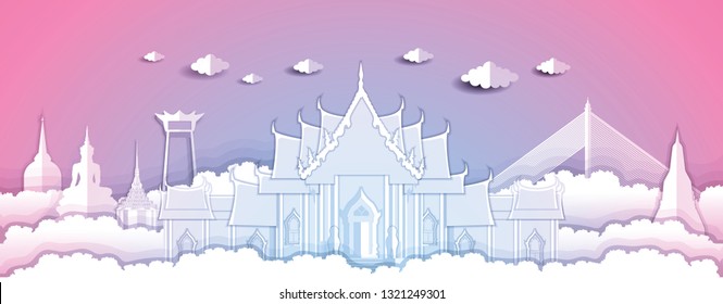 Panorama paper art style vector of Wat Benchamaborphit, Famous Landmarks Bangkok Thailand for Travel Design concept illustration