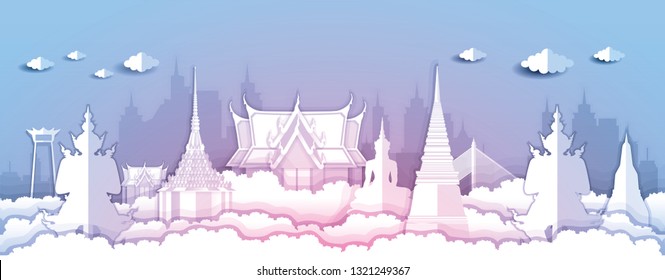 Panorama paper art style vector of Famous Landmarks Bangkok Thailand for Travel Design concept illustration