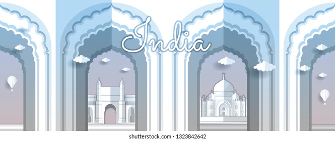 Panorama paper art style vector of Taj Mahal and Famous Landmarks India for Travel banner or postcard illustration