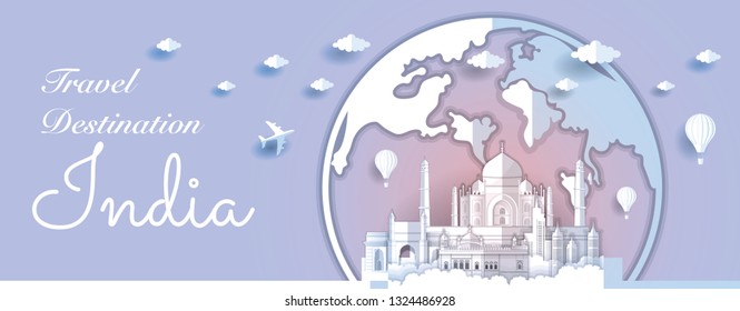 Panorama paper art style vector of Taj Mahal and Famous Landmarks India for Travel banner or postcard illustration