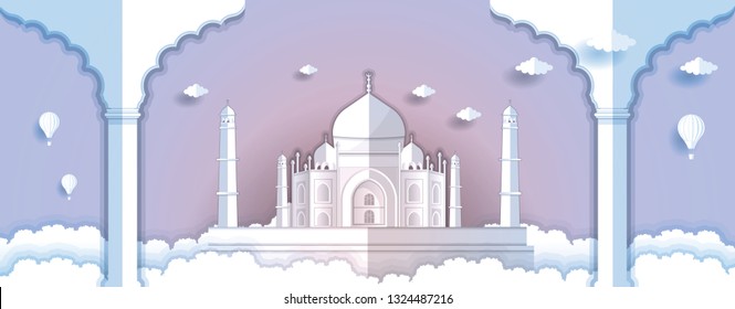 Panorama paper art style vector of Taj Mahal and Famous Landmarks India for Travel banner or postcard illustration